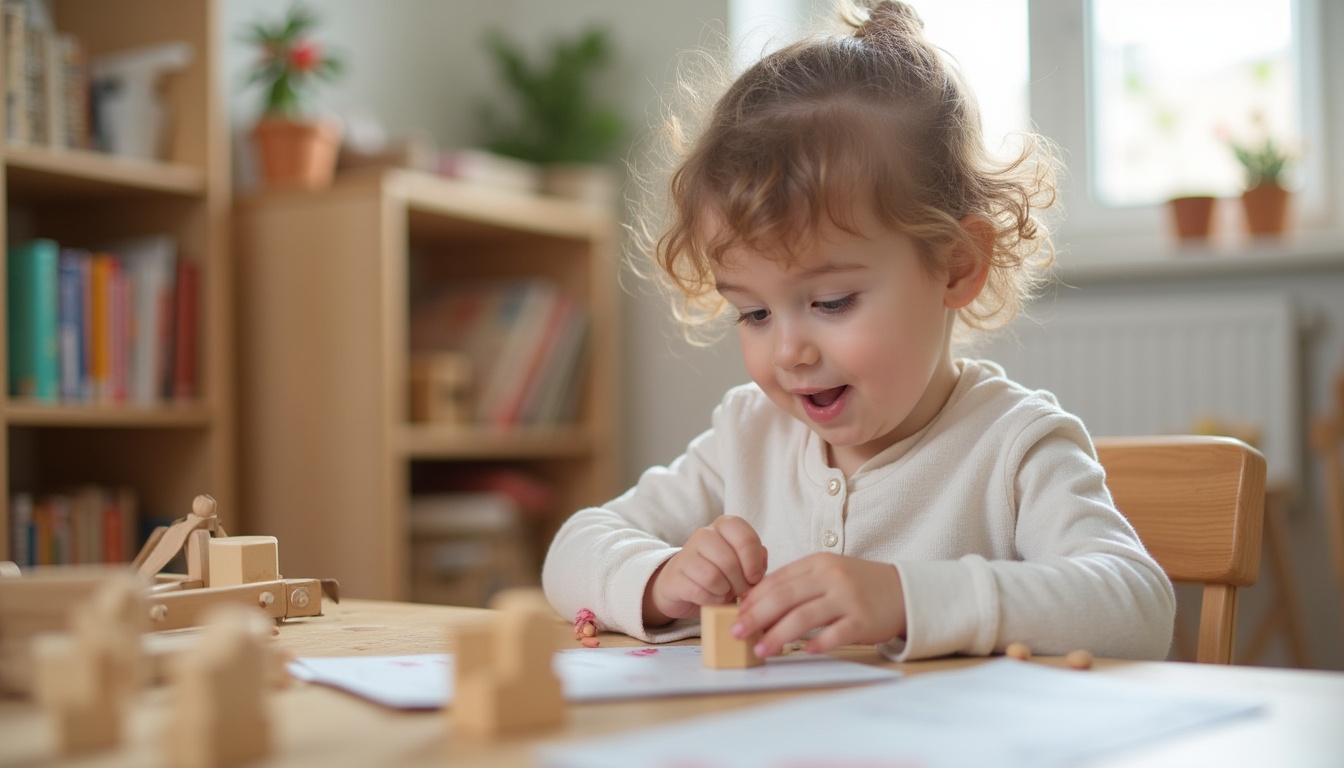 Părinte și copil explorând o gradinita Montessori luminoasă și bine organizată