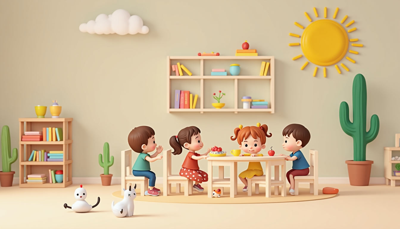 Copii fericiți jucându-se într-o grădiniță Montessori bine organizată, cu materiale didactice specifice