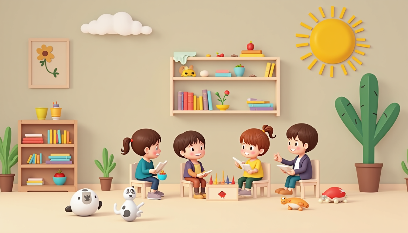 Copii fericiți într-o scoala Montessori explorând materiale educaționale